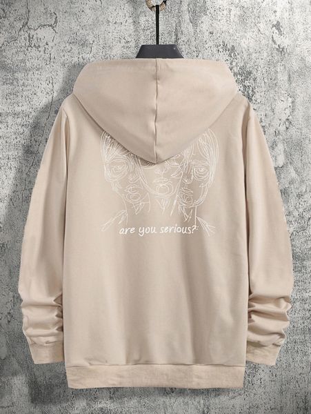 

men slogan & figure graphic kangaroo pocket drawstring hoodie l3q1#, Black