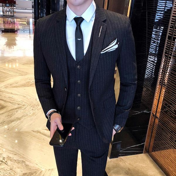 

men's suits & blazers spot striped suit three-piece slim evening party wedding, White;black