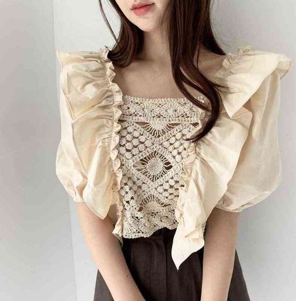 

lace womens shirt hollow out vinatge crochet blouses summer korean women puff sleeve blusas verano mujer, White