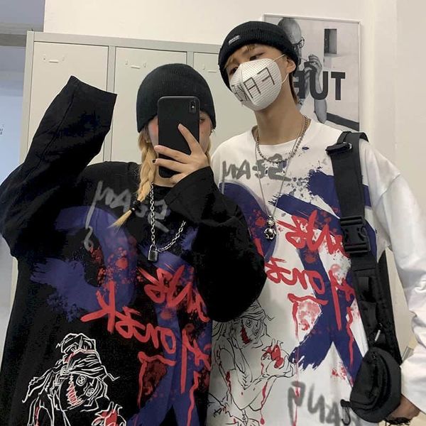 

style of couple long sleeveless shirts 2021 new korean version harajuku loose thin graffiti impression in fashion street l0cm, White