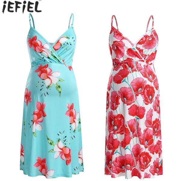 

maternity dresses summer elegant sundress casual v neck floral print dress pregnant women beach wear vestidos loose pregnancy clothes, White
