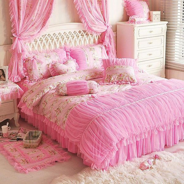 

bedding sets korean set fresh garden flower printing pink princess lace ruffles cotton duvet cover bedspread bed skirt pillowcases