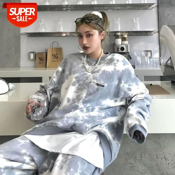 

women sports suit women's tie-dye sweatshirt mid-length loose slimming 2020 autumn and winter trousers two-piece set #y50u, Black;white