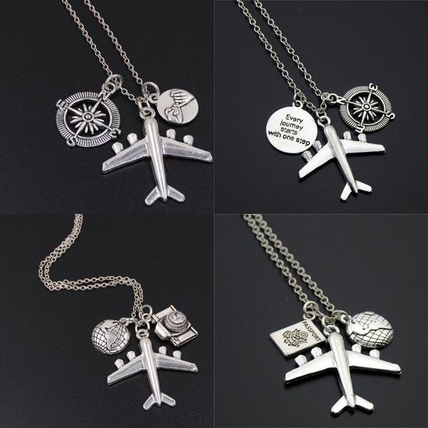 

pendant necklaces 1pc "every journey starts with one step" words compass airplane necklace camera jewelry gift flight pilot travel, Silver