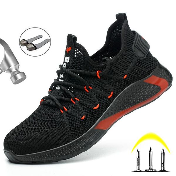 

boots work boot safety steel toe shoes men breathable anti-puncture indestructible working sneakers, Black