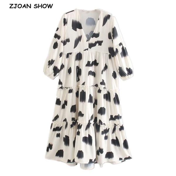 

casual dresses vintage leopard print midi dress elegant women v neck spliced wood ear ruffles hem loose long vestido, Black;gray
