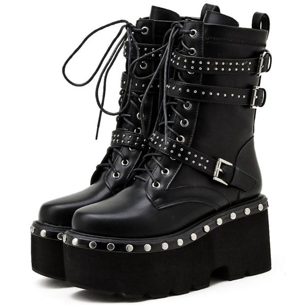 

boots brand stylish rivets shoelaces skidproof platform chunky heels buckles belt cool motorcycles boot shoes women, Black