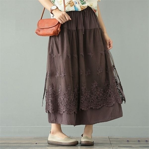 

eugen yarn skirt french long skirt ankle retro double mesh yarn loose embroidery a-line skirt, Black;gray