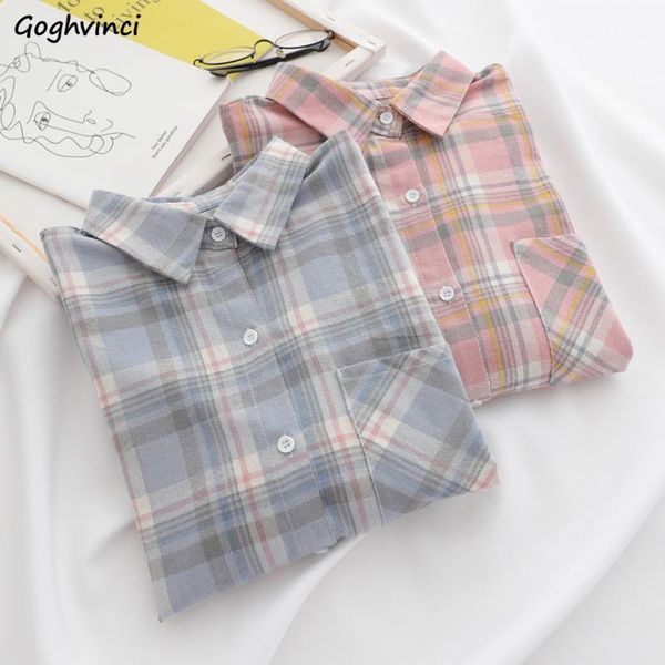 

women's blouses & shirts women plaid pocket full sleeve kawaii harajuku soft loose all-match student daily chic leisure ulzzang females, White