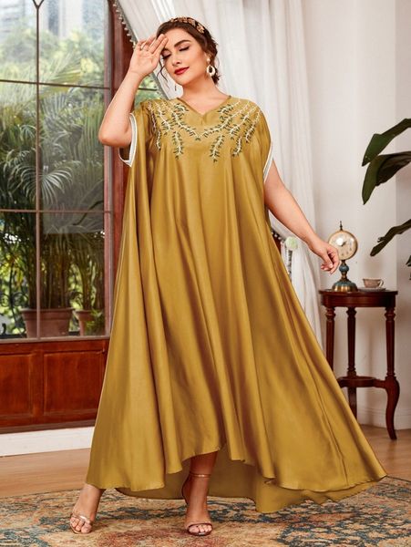 

plus leaf embroidery dolman sleeve dress a6vh#, Black