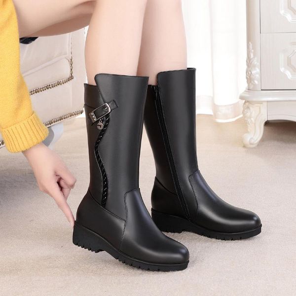 

boots plus size women casual long warm plush snow boot genuine leather winter shoes party nightclub dress high bota mujer bottes, Black