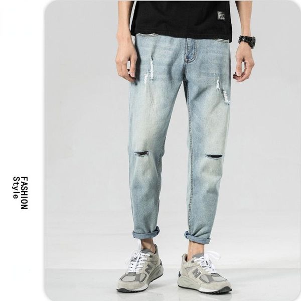

men's jeans retro blue men straight loose trousers summer trendy casual cropped fashion classic ripped