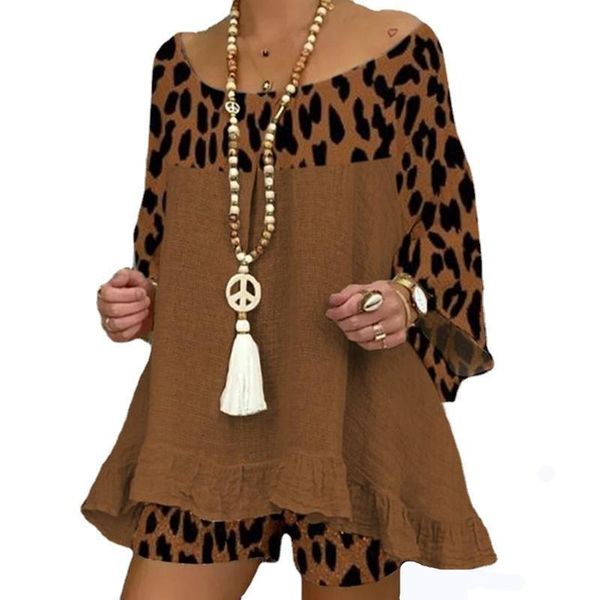 

women's tracksuits summer s-4xl plus size o-neck leopard print patchwork long sleeve loose elegant women casual short pants suits traf, Gray