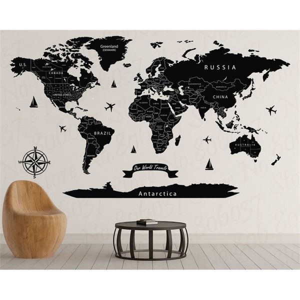 Grande Mundo Mapa Decalque Imprimir Preto Push Pin Viagem Wall Art Modern Decor WL767 220217