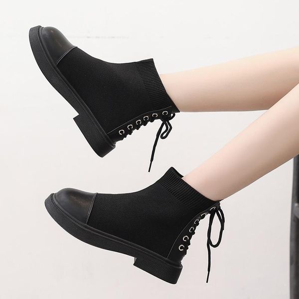 

boots 2021 women's autumn winter casual black knitted thin socks flat thick soles short women