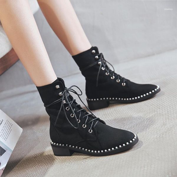 

boots ankle women suede leather fashion short ladies shoes comfortable round toe lace-up autumn11, Black