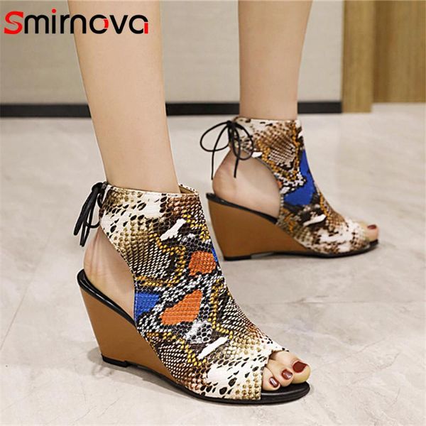 

sandals smirnova 2021 wholesale high heels wedges shoes women peep toe cross tied snake european style summer woman, Black