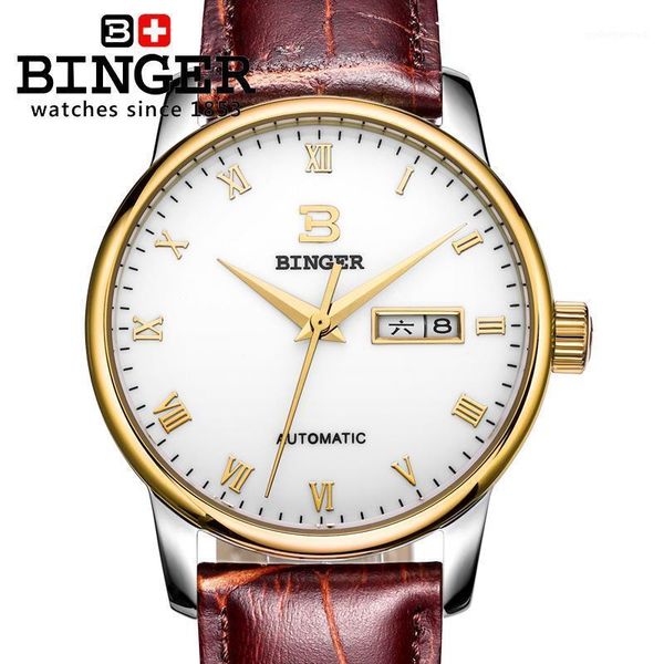 

switzerland men's watch wristwatches binger business automatic self-wind leather strap water resistance bg-0397-7, Slivery;brown