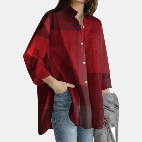 

women's t-shirt shirt plaid turn down collar women long sleeve buttons blouse for spring, White