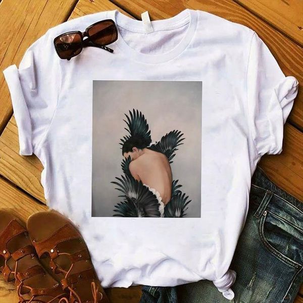 

wing feather art painting women t shirt printed tee clothes graphic, White