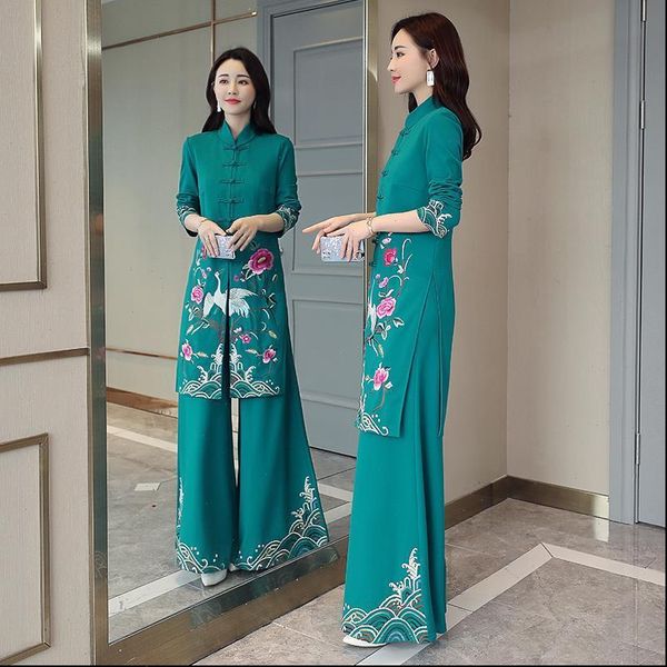 

vietnam aodai chinese styles long dress qipao chinese cheongsam dress traditional princess chinoise two pieces women pants suits, Gray