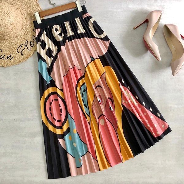 

skirts women midi funny character cartoon printing cotton pleated soft constra color girls daily casual long, Black