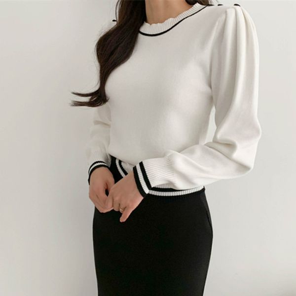 

2021 ol elegant pullovers new autumn winter bottoming sweater women stitching color o-neck loose knitted femme d4k5, White;black