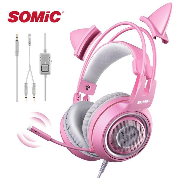 SOMIC Kabelgebundenes Katzenohr-Headset, süßer PC mit Mikrofon, 3,5-mm-Gaming-Telefon, PS4, Overear Gamer G951s, Rosa