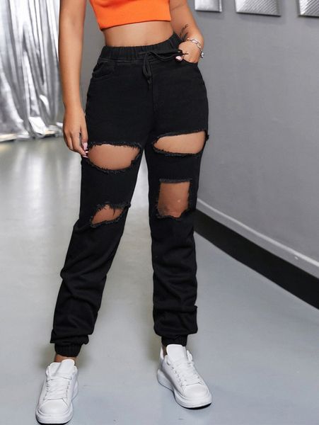 

high waisted cutout drawstring waist jeans 276d#, Blue