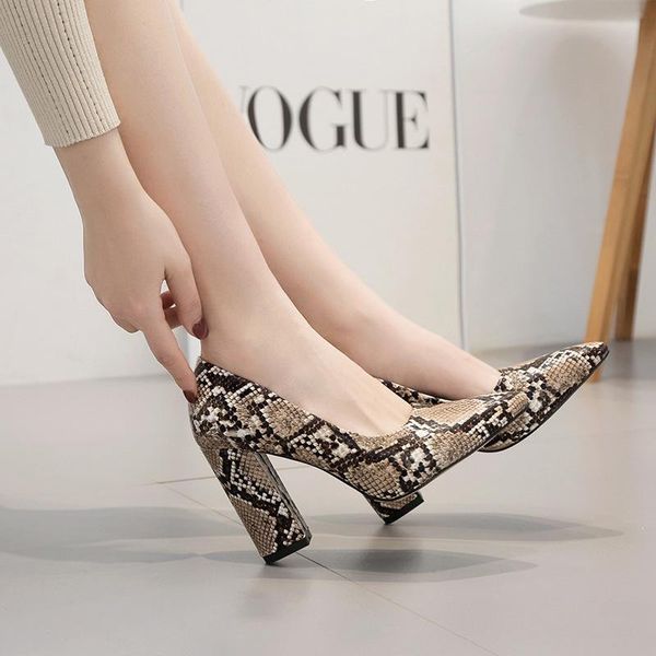 

dress shoes women's spring and summer 2021 high heel thick single pointed snake pattern evening party sandals, Black