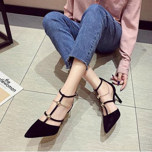 

dress shoes thin heels pumps lady shoe pointed toe chain flock single high heel sandals elegant hollow outs women sandalias mujer, Black