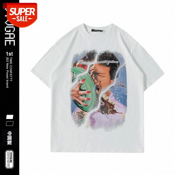 

vivgae american retro character print short-sleeved t-shirt men's loose oversize fried street #0j2e, White;black