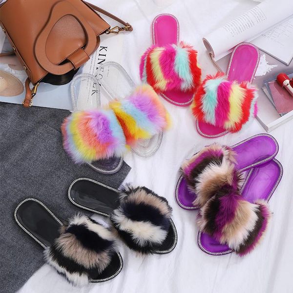 

slippers women's furry slippers, colorful casual indoor shoes, summer color-blocking non-slip sandals, outdoor beach, Black