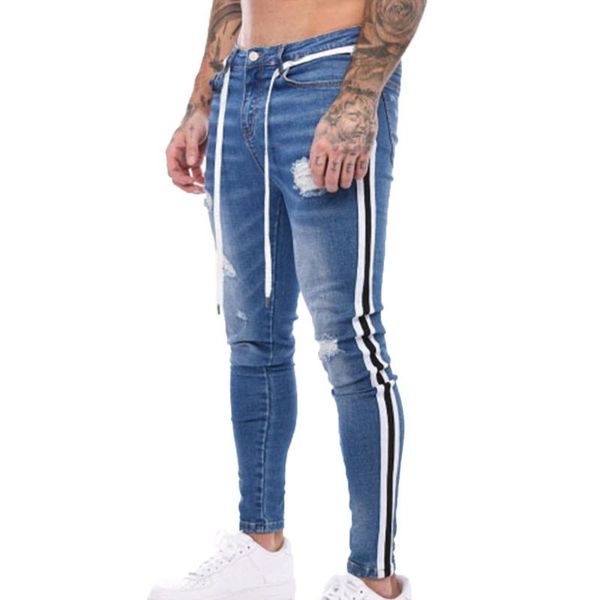 

men's jeans skinny men side striped pencil pants casual denim clothing streetwear pantalones trousers, Blue