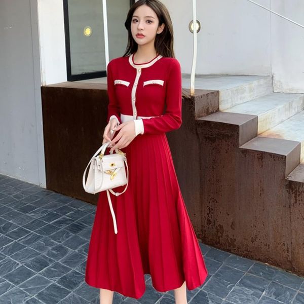 

casual dresses 2021 autumn winter vintage elegant hit color female basic knit full sleeve high waist slim sweater pleated long dress vestido, Black;gray