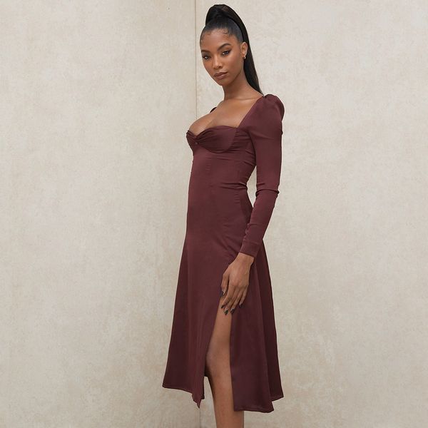 

new 2021 primavera mulheres manga longa gola quadrada feminino midi comprimento de cintura alta split hem vestido g3uz sw2tbeautiful, Black;gray