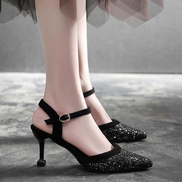 

sandals women's shoes 2021 small heel cat high pointy matching coloured large size, Black