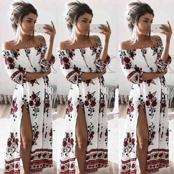 

women off shoulder half sleeve floral print maxi boho long dress cocktail party dress womens slash neck long dresses, Black;gray