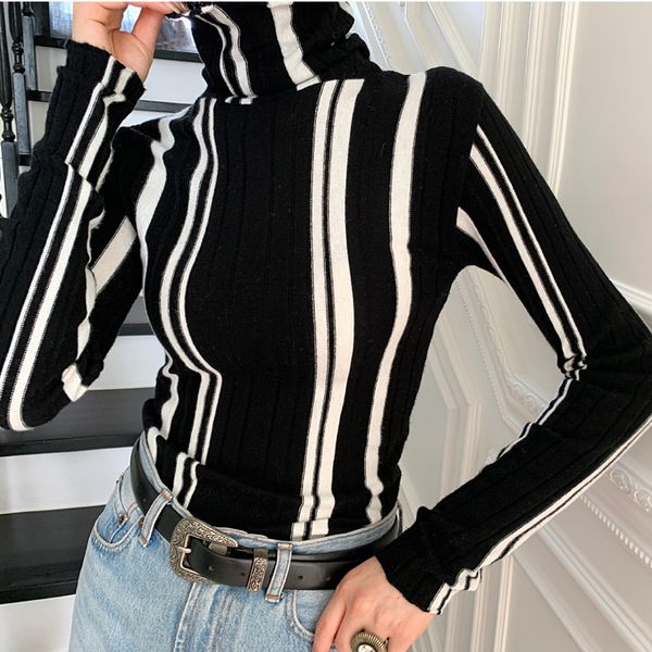 

2021 new pulveres gola alta de manga longa coreano fino-ajuste camisola apertada listrado outono inverno 6up9, White;black