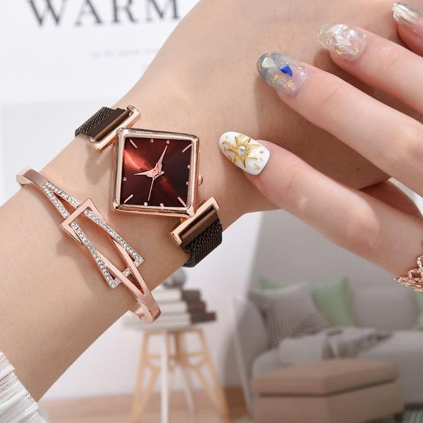 

wristwatches women's watches luxury watch bracelet 2pcs set square stainless steel mesh belt clock original woman gift montre femme, Slivery;brown