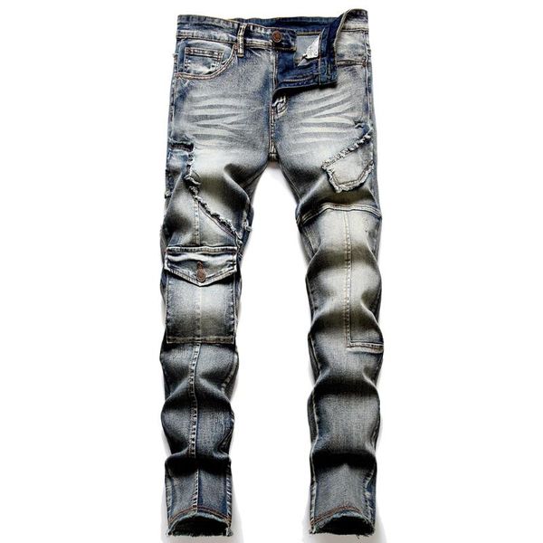 

men's jeans pockets cargo stretch denim trendy patchwork fringe slim straight pants vintage retro trousers, Blue
