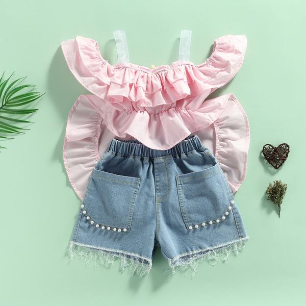 

clothing sets solid color ruffle swallowtail denim blue shorts 2pcs 2-7y summer fashion toddler kid baby girls clothes, White