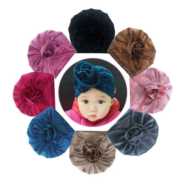 

baby girls soft comfortable velvet hats solid color handmade folded flowers newborn beanie caps children headwear birthday gifts, Yellow