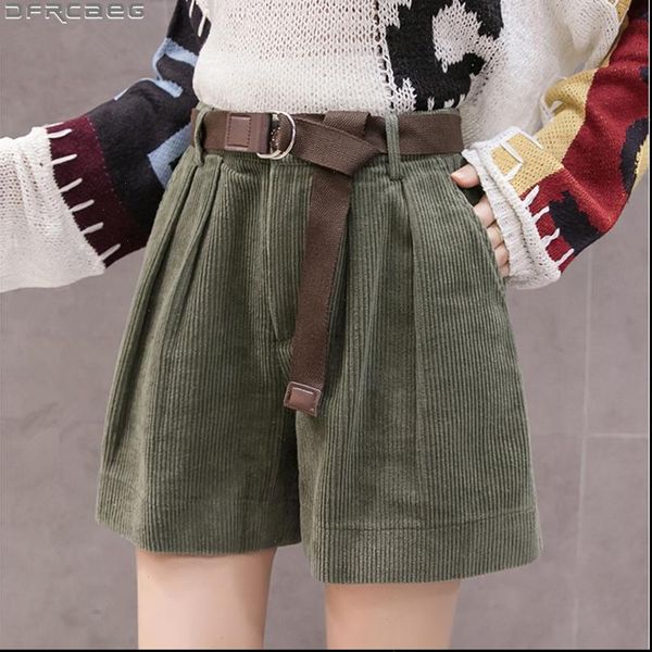 

casual streetwear s 5xl plus size shorts for winter high waist corduroy ladies shorts with belt loose wide leg short femme, White;black