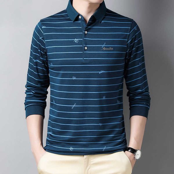 

men's polos autumn stripe printing long sleeve business casual lapel brand polo shirt male vzcd, White;black