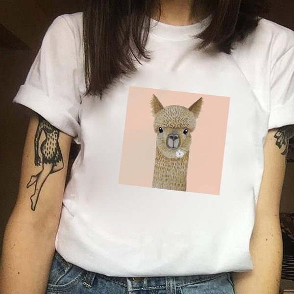 

2021 graphic tees women summer short sleeve casual white t-shirts harajuku llama print cute kawaii femme clothes tee