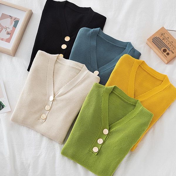 

korean v-neck pullover women's 2021 autumn winter button slim fit tight long sleeve knit sweater pullovers jumper full sweaters, White;black
