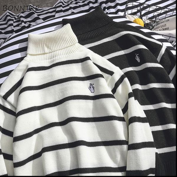 

turtleneck sweater women warm winter striped classic all match outwear daily casual womens students korean style knitted stylish, White;black