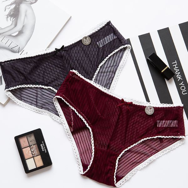 

new middle waist transparent lace side briefs women's elastic traceless underpants, Black;pink