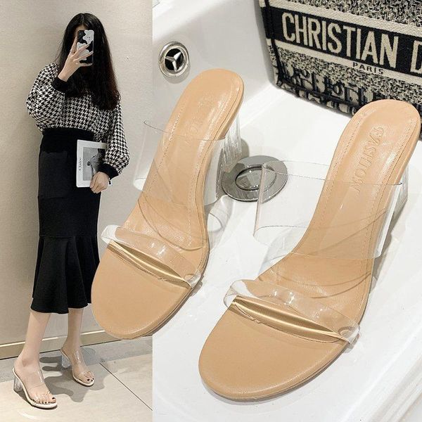 

summer high heels women shoes fashion transparent heels hollow breathable slippers square toe female clear slides, Black